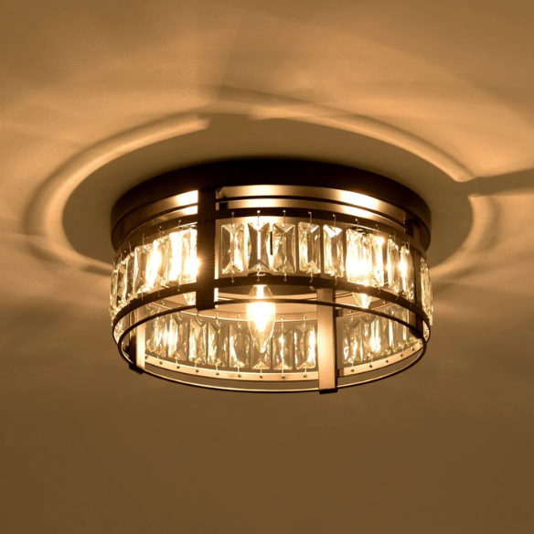 Modern matte black flush mount ceiling light with crystal drum shade, three-light fixture for bedroom, kitchen, or entryway