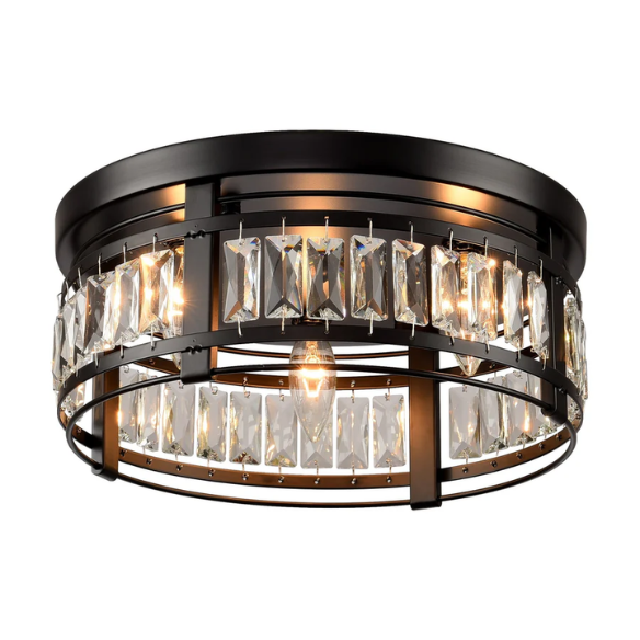 Modern matte black flush mount ceiling light with crystal drum shade, three-light fixture for bedroom, kitchen, or entryway