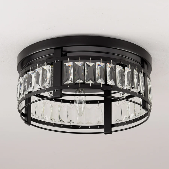 Modern matte black flush mount ceiling light with crystal drum shade, three-light fixture for bedroom, kitchen, or entryway