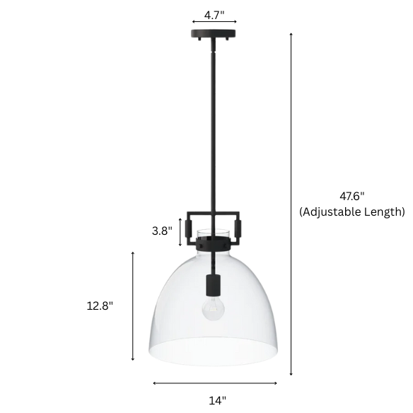 Modern black pendant light with clear glass dome shade, adjustable ceiling fixture for kitchen island, entryway, or bedroom
