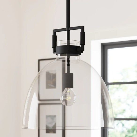 Modern black pendant light with clear glass dome shade, adjustable ceiling fixture for kitchen island, entryway, or bedroom