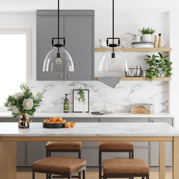 Modern black pendant light with clear glass dome shade, adjustable ceiling fixture for kitchen island, entryway, or bedroom