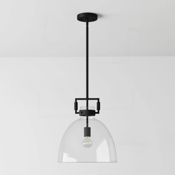 Modern black pendant light with clear glass dome shade, adjustable ceiling fixture for kitchen island, entryway, or bedroom