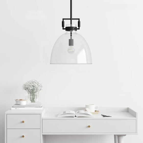 Modern black pendant light with clear glass dome shade, adjustable ceiling fixture for kitchen island, entryway, or bedroom