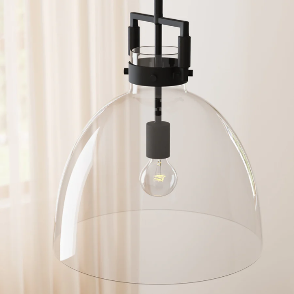 Modern black pendant light with clear glass dome shade, adjustable ceiling fixture for kitchen island, entryway, or bedroom