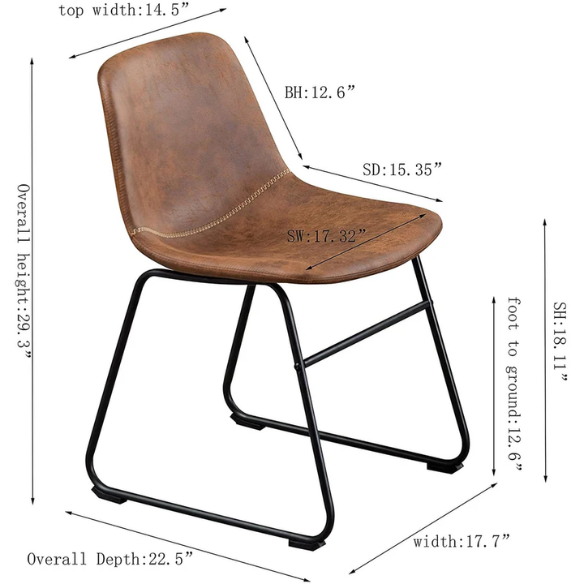 Set of two modern dining chairs upholstered in brown faux leather with curved backrests and black metal legs.
