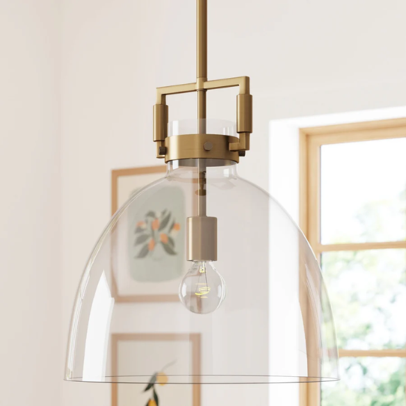 Modern gold pendant light with clear glass dome shade, adjustable hanging ceiling fixture for kitchen island, entryway, or bedroom