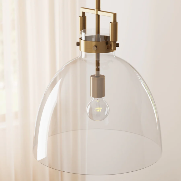 Modern gold pendant light with clear glass dome shade, adjustable hanging ceiling fixture for kitchen island, entryway, or bedroom