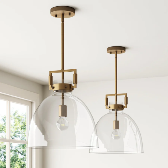Modern gold pendant light with clear glass dome shade, adjustable hanging ceiling fixture for kitchen island, entryway, or bedroom