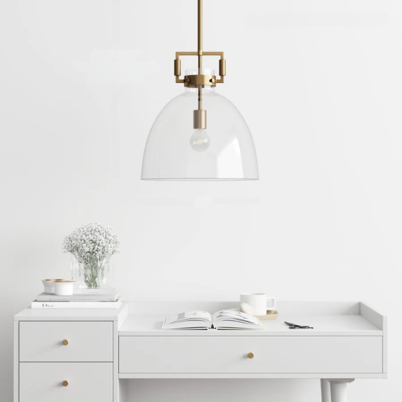 Modern gold pendant light with clear glass dome shade, adjustable hanging ceiling fixture for kitchen island, entryway, or bedroom