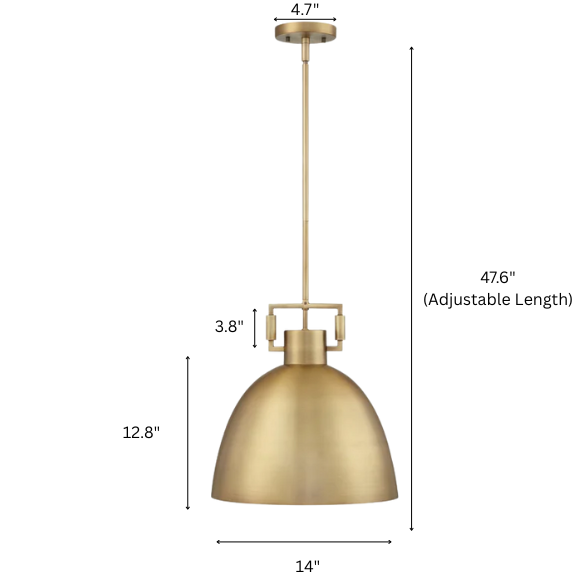 Modern gold metal pendant light with matte dome shade, adjustable ceiling fixture for kitchen island, hallway, or bedside lighting