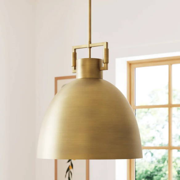 Modern gold metal pendant light with matte dome shade, adjustable ceiling fixture for kitchen island, hallway, or bedside lighting