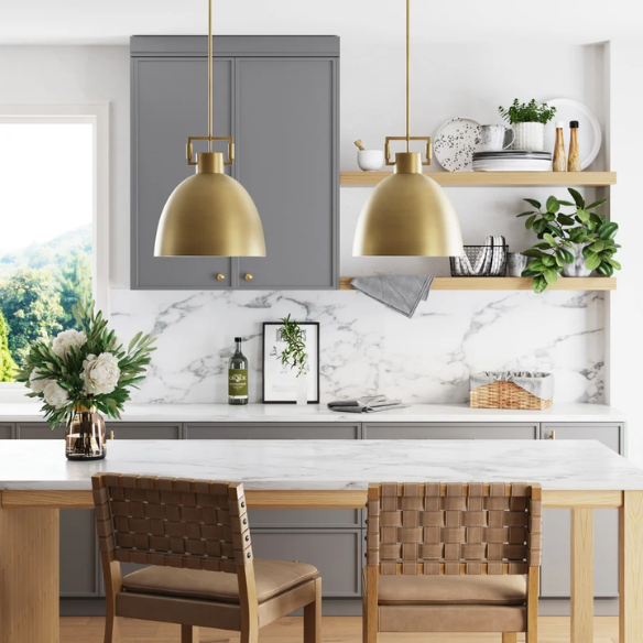 Modern gold metal pendant light with matte dome shade, adjustable ceiling fixture for kitchen island, hallway, or bedside lighting