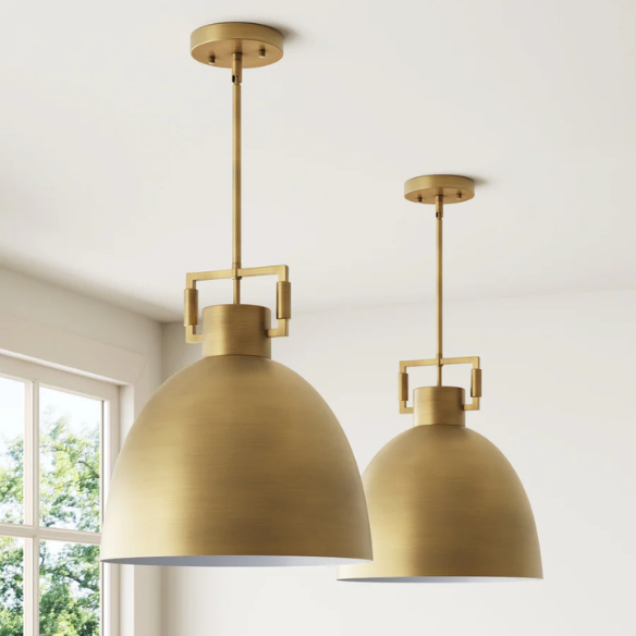 Modern gold metal pendant light with matte dome shade, adjustable ceiling fixture for kitchen island, hallway, or bedside lighting