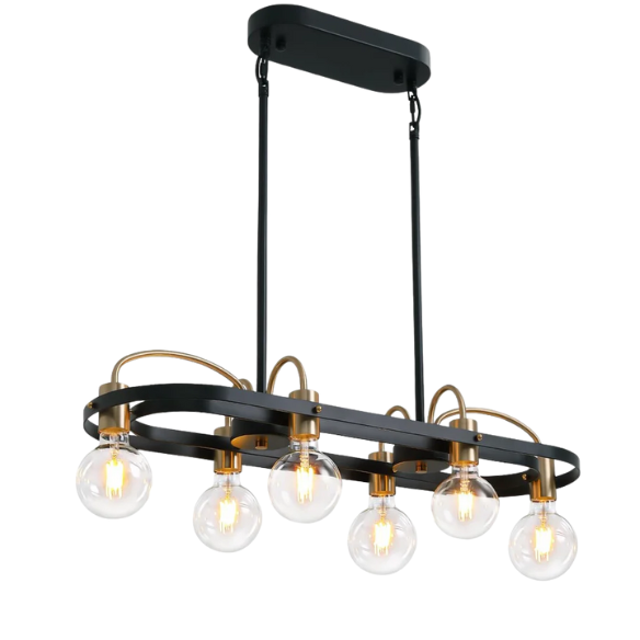 Modern black and gold rectangular 6-light industrial chandelier with minimalist open metal frame, ideal for kitchen islands and dining rooms