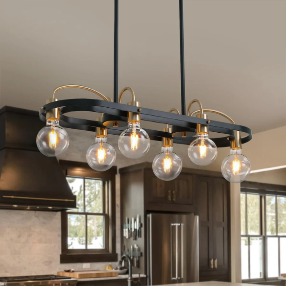 Modern black and gold rectangular 6-light industrial chandelier with minimalist open metal frame, ideal for kitchen islands and dining rooms