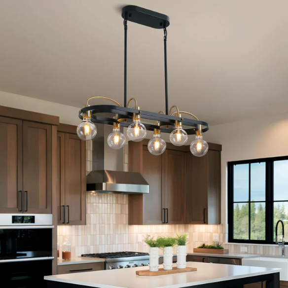 Modern black and gold rectangular 6-light industrial chandelier with minimalist open metal frame, ideal for kitchen islands and dining rooms