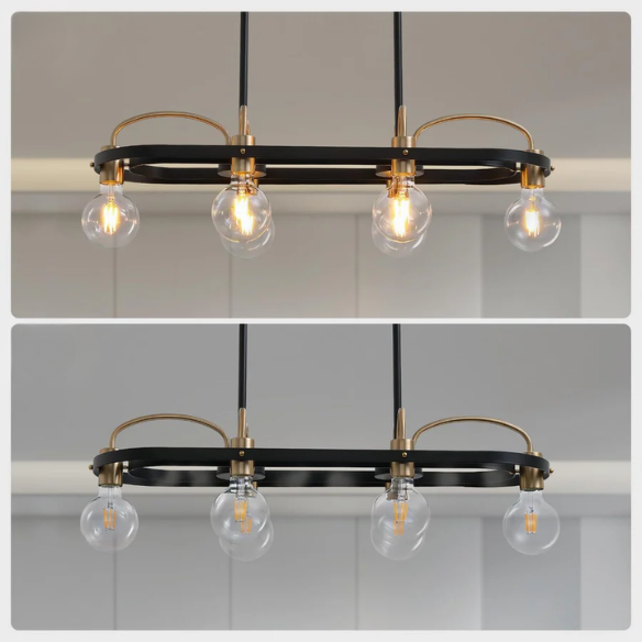 Modern black and gold rectangular 6-light industrial chandelier with minimalist open metal frame, ideal for kitchen islands and dining rooms