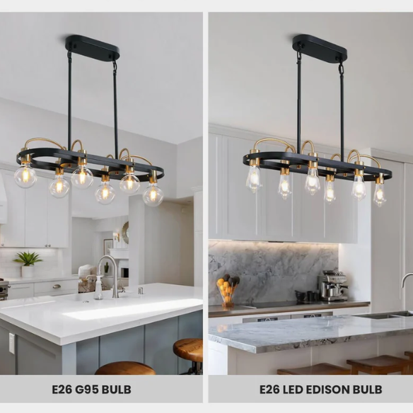 Modern black and gold rectangular 6-light industrial chandelier with minimalist open metal frame, ideal for kitchen islands and dining rooms