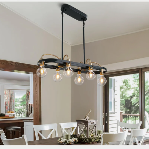 Modern black and gold rectangular 6-light industrial chandelier with minimalist open metal frame, ideal for kitchen islands and dining rooms