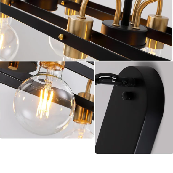 Modern black and gold rectangular 6-light industrial chandelier with minimalist open metal frame, ideal for kitchen islands and dining rooms
