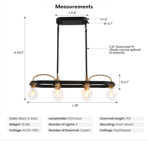 Modern black and gold rectangular 6-light industrial chandelier with minimalist open metal frame, ideal for kitchen islands and dining rooms