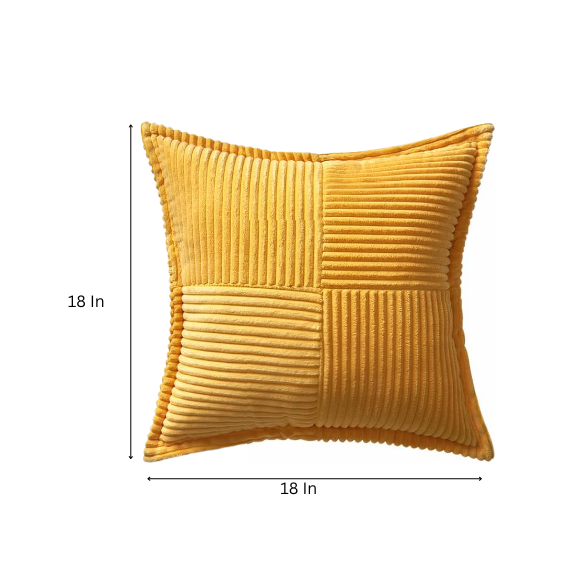 Mustard yellow corduroy pillow cover with geometric striped pattern, modern design, eco-friendly, 45x45 cm, machine washable