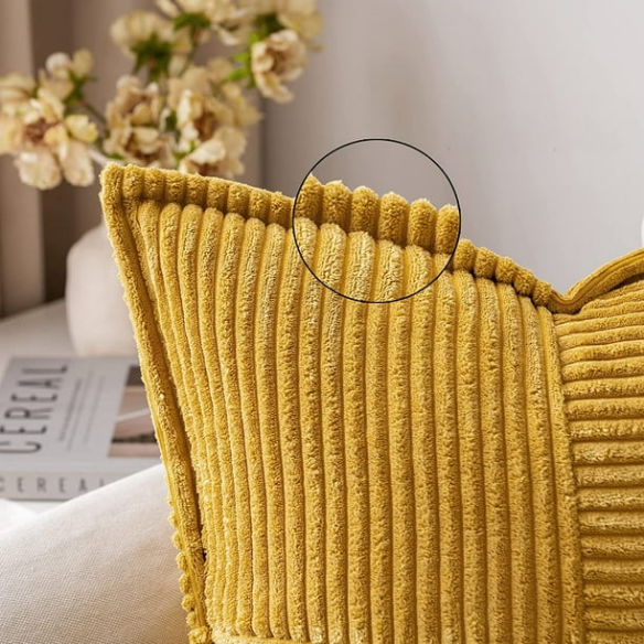 Mustard yellow corduroy pillow cover with geometric striped pattern, modern design, eco-friendly, 45x45 cm, machine washable