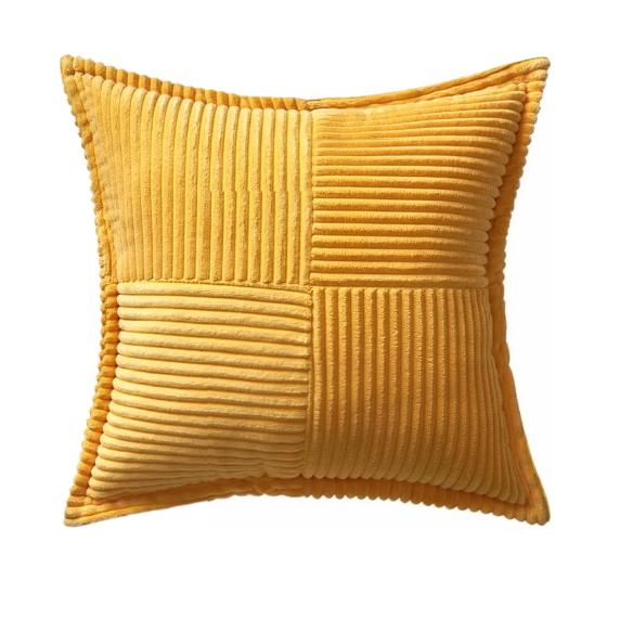 Mustard yellow corduroy pillow cover with geometric striped pattern, modern design, eco-friendly, 45x45 cm, machine washable
