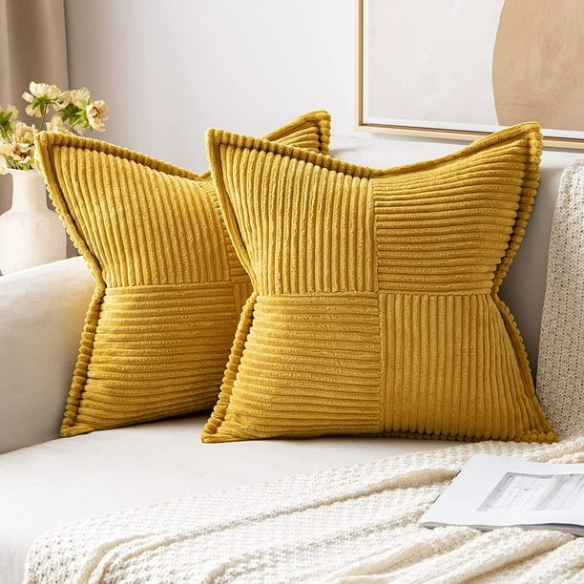 Mustard yellow corduroy pillow cover with geometric striped pattern, modern design, eco-friendly, 45x45 cm, machine washable