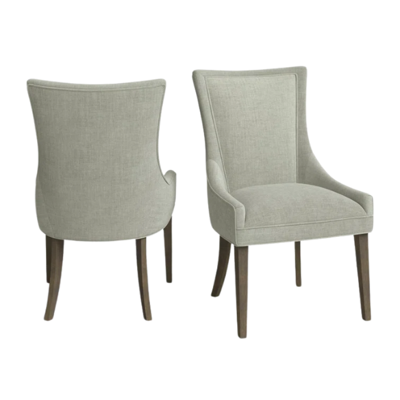 Set of 2 upholstered armless dining chairs in muted green with solid wood legs, high backrest, and elegant piping detail.