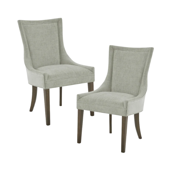 Set of 2 upholstered armless dining chairs in muted green with solid wood legs, high backrest, and elegant piping detail.