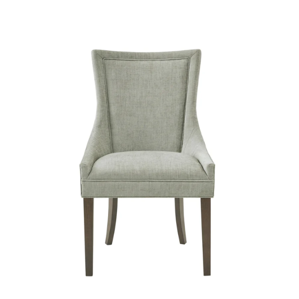 Set of 2 upholstered armless dining chairs in muted green with solid wood legs, high backrest, and elegant piping detail.