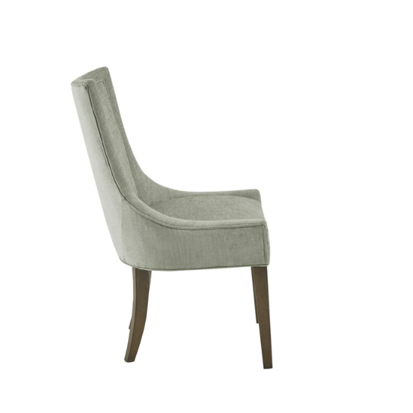 Set of 2 upholstered armless dining chairs in muted green with solid wood legs, high backrest, and elegant piping detail.