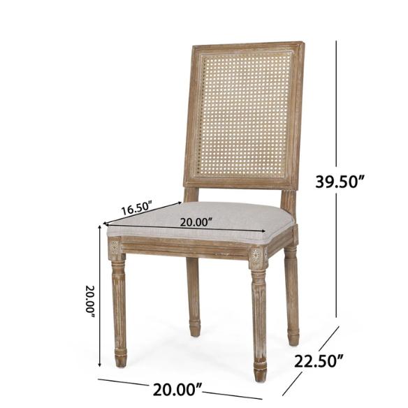 Set of 6 French country dining chairs with natural wood frames, handwoven cane backs, and light grey upholstered seats, featuring fluted legs and classic rustic charm.