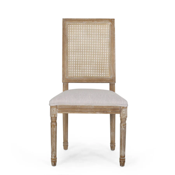 Set of 6 French country dining chairs with natural wood frames, handwoven cane backs, and light grey upholstered seats, featuring fluted legs and classic rustic charm.