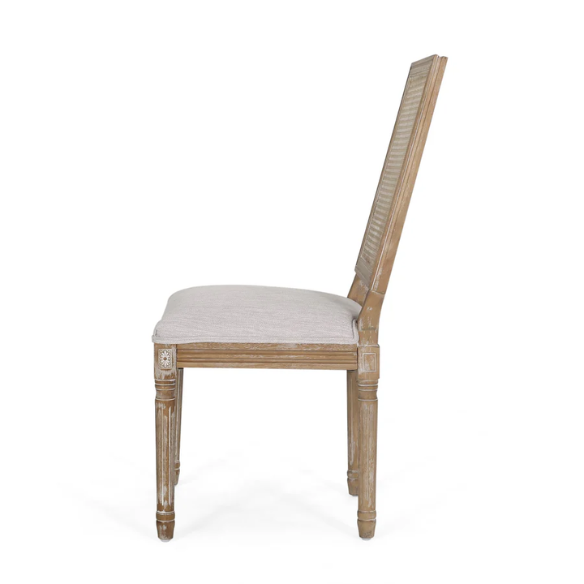 Set of 6 French country dining chairs with natural wood frames, handwoven cane backs, and light grey upholstered seats, featuring fluted legs and classic rustic charm.