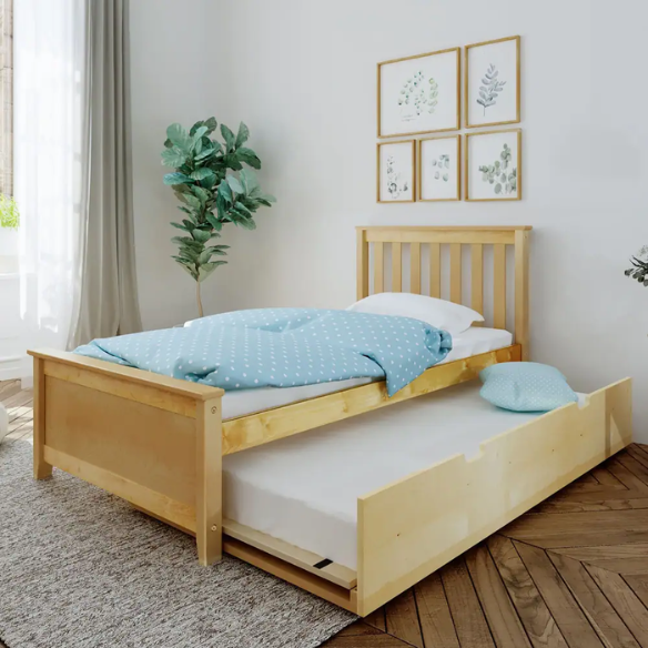 Stylish Twin Bed with Trundle: Wooden Bed Frame with Headboard and Slatted Design – Ideal for Kids' Rooms
