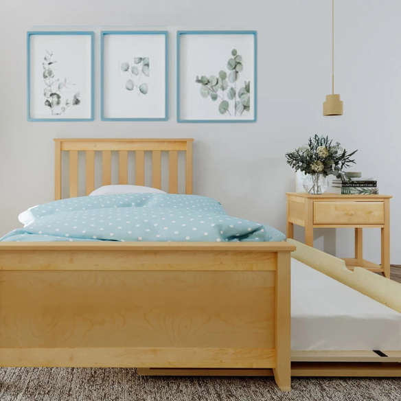 Stylish Twin Bed with Trundle: Wooden Bed Frame with Headboard and Slatted Design – Ideal for Kids' Rooms
