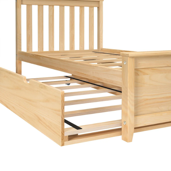 Stylish Twin Bed with Trundle: Wooden Bed Frame with Headboard and Slatted Design – Ideal for Kids' Rooms