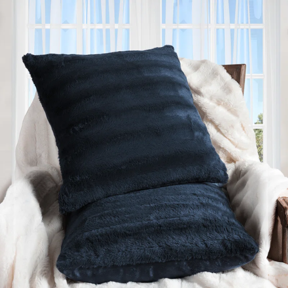 Set of two navy blue faux fur throw pillows, 18x18 inches, square decorative cushions with soft microfiber filling—ideal for sofas, beds, and cozy accent chairs