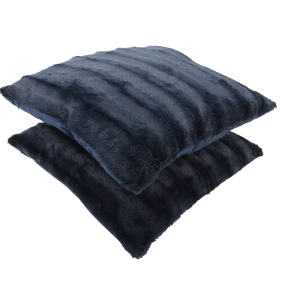Set of two navy blue faux fur throw pillows, 18x18 inches, square decorative cushions with soft microfiber filling—ideal for sofas, beds, and cozy accent chairs