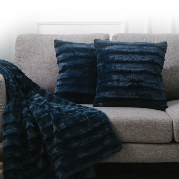 Set of two navy blue faux fur throw pillows, 18x18 inches, square decorative cushions with soft microfiber filling—ideal for sofas, beds, and cozy accent chairs