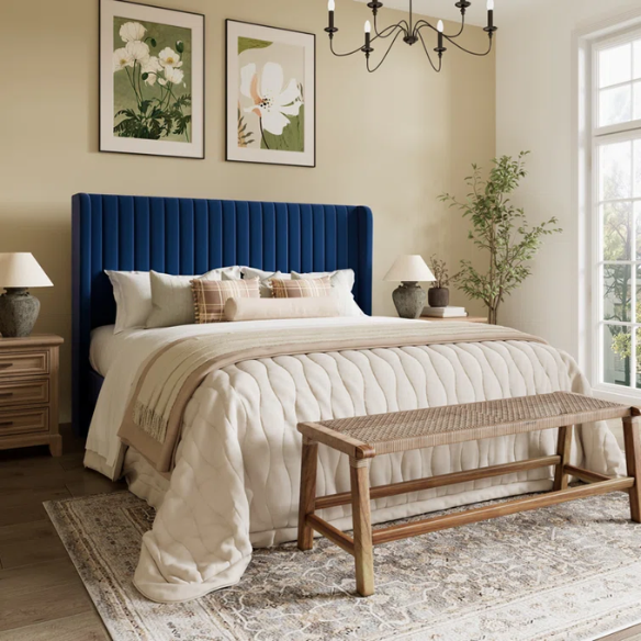 Navy blue velvet queen bed with tufted wingback headboard, 8-inch underbed clearance, and a solid wood frame.