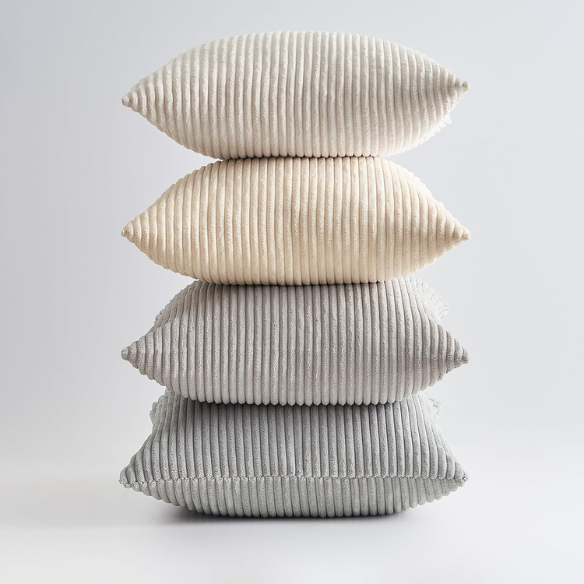 Set of 4 neutral striped corduroy pillow covers in beige, taupe, and cream – 18x18 inch decorative cushion covers with gradient design and hidden zippers for modern, boho, or farmhouse decor.