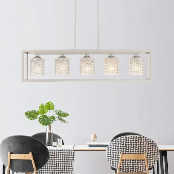 Modern nickel dust rectangular chandelier with rippled glass crystal shades and adjustable height, ideal for kitchen islands and dining rooms