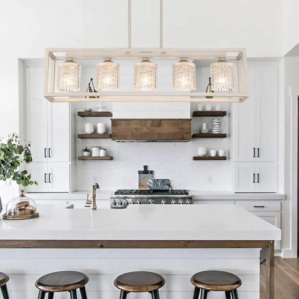 Modern nickel dust rectangular chandelier with rippled glass crystal shades and adjustable height, ideal for kitchen islands and dining rooms
