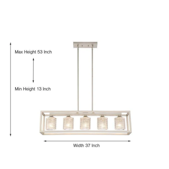 Modern nickel dust rectangular chandelier with rippled glass crystal shades and adjustable height, ideal for kitchen islands and dining rooms