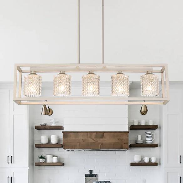 Modern nickel dust rectangular chandelier with rippled glass crystal shades and adjustable height, ideal for kitchen islands and dining rooms