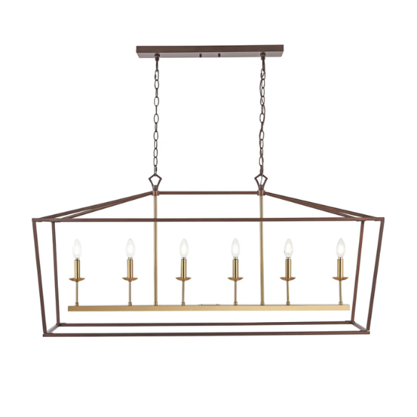 Oil rubbed bronze and brass gold lantern-style pendant light with exposed LED bulb and adjustable chain for kitchens, dining rooms, or entryways